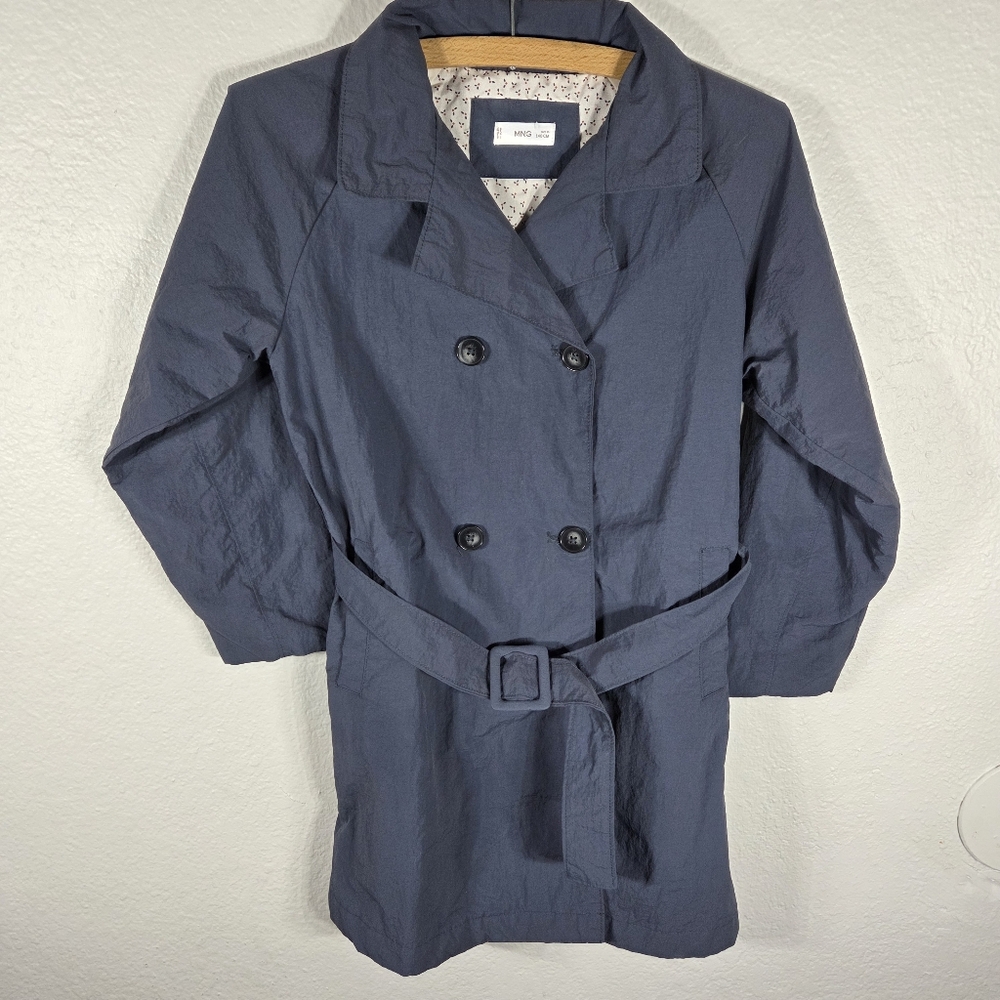 Mango MNG Midi Jacket Size 10 Navy Blue Belted Button Down Pockets